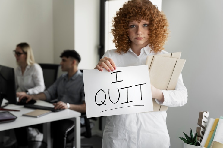 Foto gratuito vista frontal mujer triste renunciando al trabajo