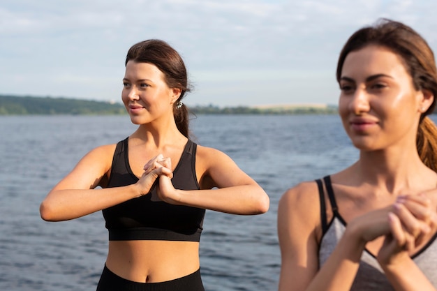 Vista frontal, de, mujeres, ejercitar, juntos, aire libre