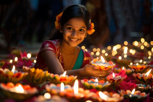 Vista frontal niña celebrando el año nuevo tamil