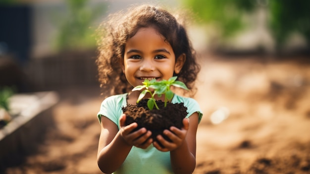 Vista frontal niña con planta