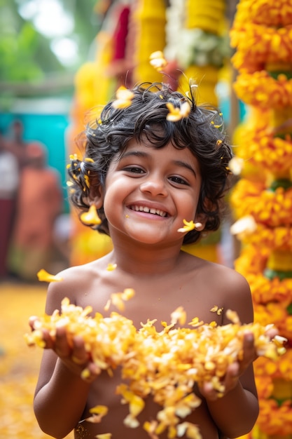 Foto gratuita vista frontal niño celebrando el año nuevo tamil