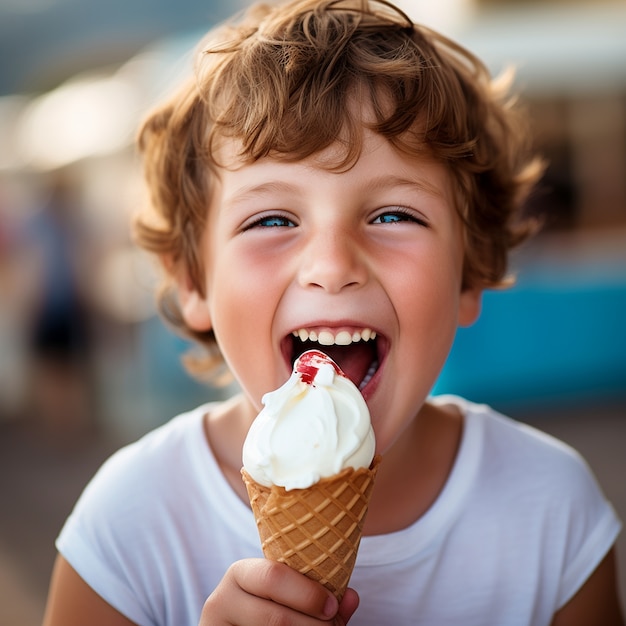 Vista frontal niño comiendo helado
