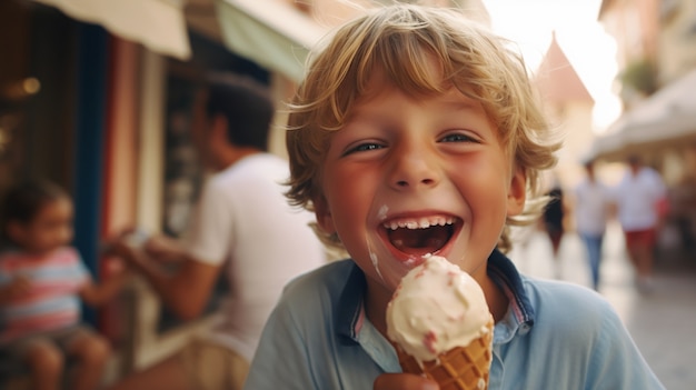 Foto gratuita vista frontal niño comiendo helado