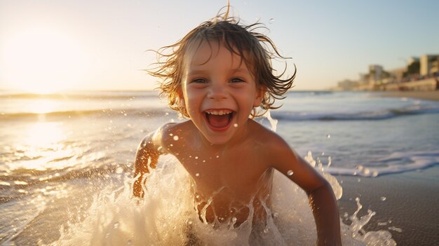 Vista frontal niño sonriente a la orilla del mar