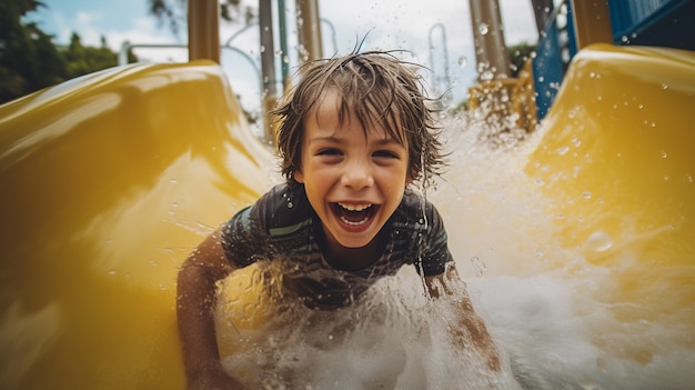 Foto gratuita vista frontal niño sonriente en el parque acuático