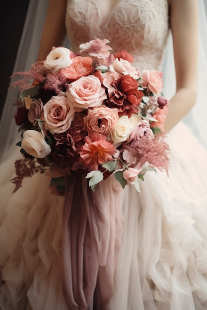 Vista frontal de novia con ramo de rosas