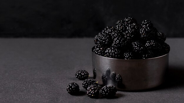 Vista frontal oscura deliciosas moras en un tazón