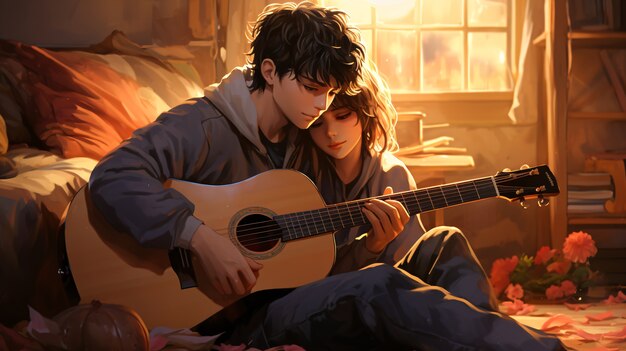 Vista frontal de una pareja de anime tocando la guitarra