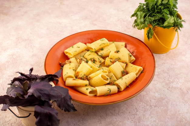 Una vista frontal de la pasta italiana cocida sabrosa con verduras secas y saladas dentro de un plato naranja redondo con flor en el escritorio rosa