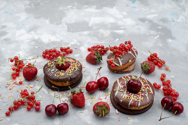 Una vista frontal pequeñas donas de chocolate con frutas frescas y diseñadas en la parte superior de la torta de chocolate de frutas