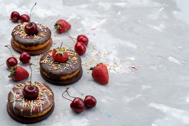 Una vista frontal de pequeñas rosquillas de chocolate con frutas diseñadas en la parte superior de la torta de frutas