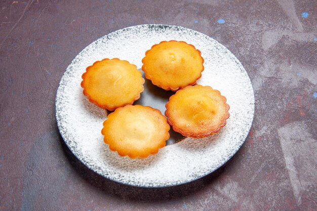 Vista frontal pequeños pasteles deliciosos dentro de la placa sobre el fondo oscuro pastel dulce galleta galleta pastel de té