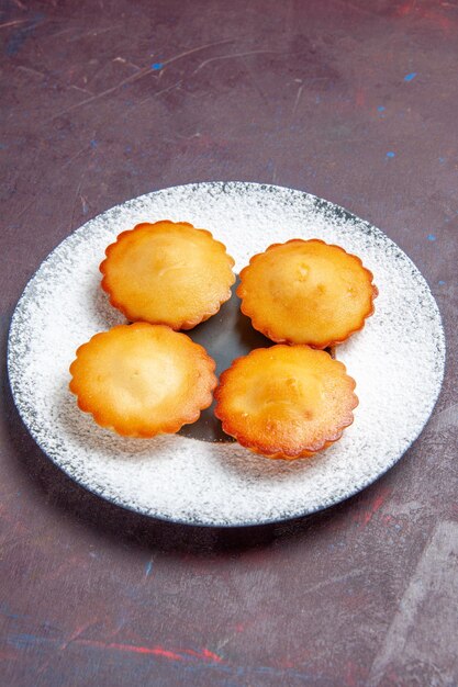 Vista frontal pequeños pasteles deliciosos dentro de la placa sobre el fondo oscuro pastel dulce galleta galleta pastel de té