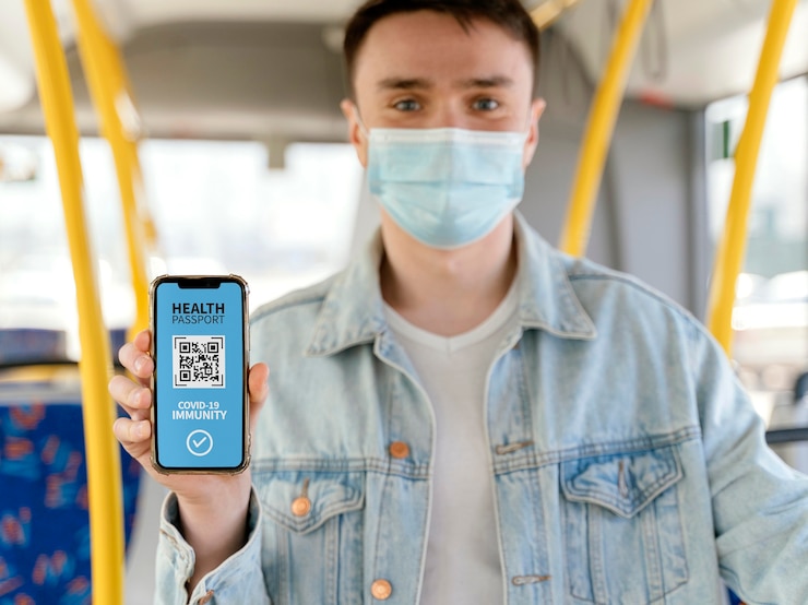 Foto gratuito vista frontal de la persona que tiene un pasaporte de salud virtual en un teléfono inteligente