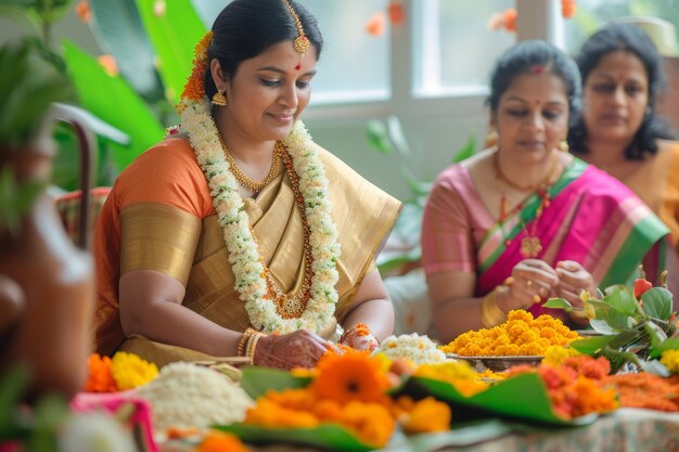 Vista frontal de personas celebrando el año nuevo tamil.