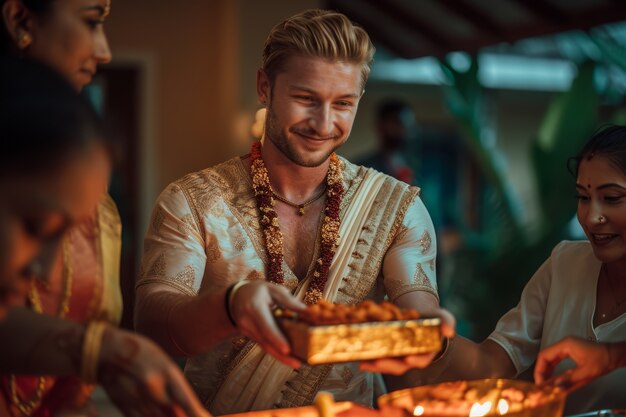 Vista frontal de personas celebrando el año nuevo tamil.