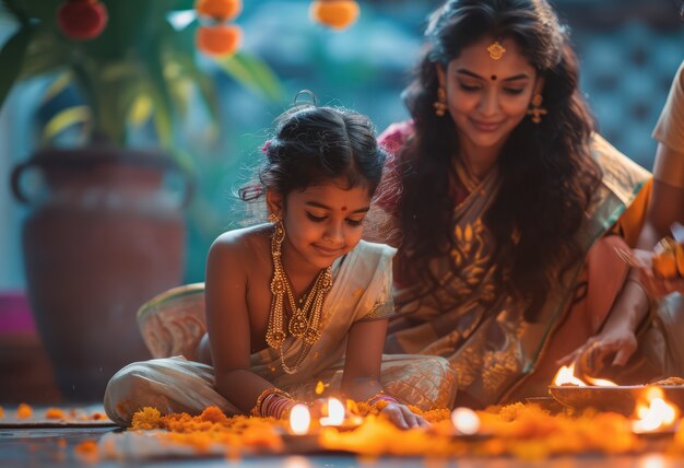 Vista frontal de personas celebrando el año nuevo tamil.