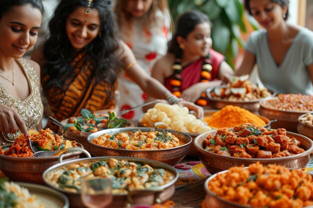 Vista frontal de personas celebrando el año nuevo tamil.