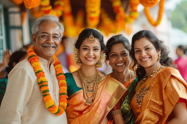 Vista frontal de personas celebrando el año nuevo tamil.