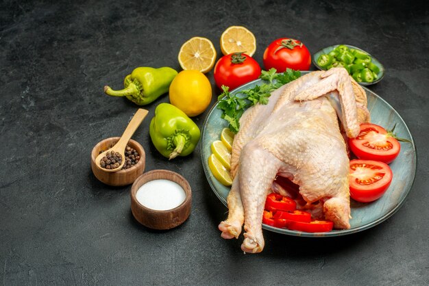 Vista frontal de pollo crudo fresco dentro de la placa con verduras de limón y verduras sobre fondo oscuro color de los alimentos foto de la carne pájaro animal