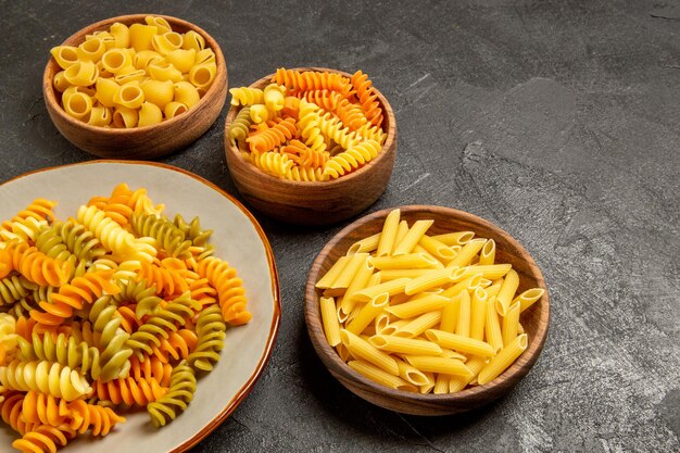 Vista frontal del producto crudo de composición de pasta diferente dentro de las placas en el espacio gris