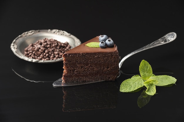 Vista frontal de la rebanada de pastel de chocolate en una espátula con menta