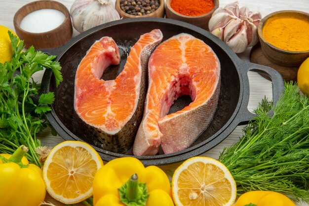 Vista frontal de las rebanadas de carne cruda dentro de la sartén con condimentos verdes y verduras sobre un fondo blanco, comida de costilla, comida de plato animal, carne