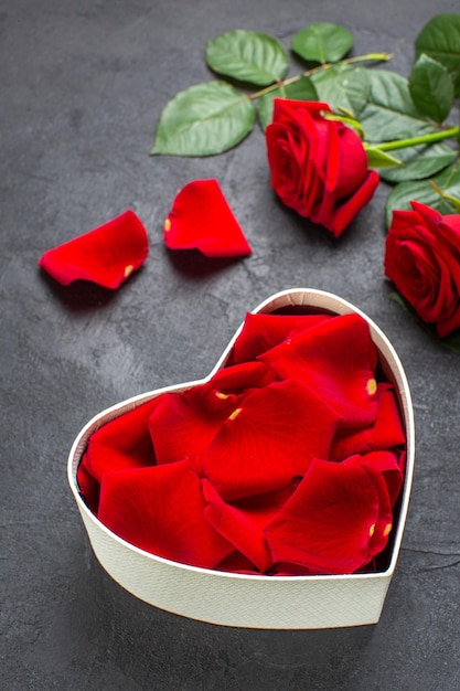 Vista frontal de rosas rojas con caja llena de pétalos de rosa para el día de san valentín sobre fondo oscuro amor mujer corazón pareja sentimiento color
