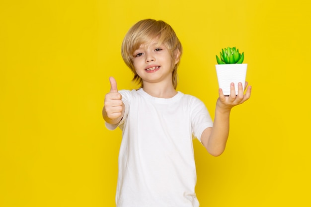 Vista frontal rubio niño sonriente adorable con pequeña planta verde en el escritorio amarillo