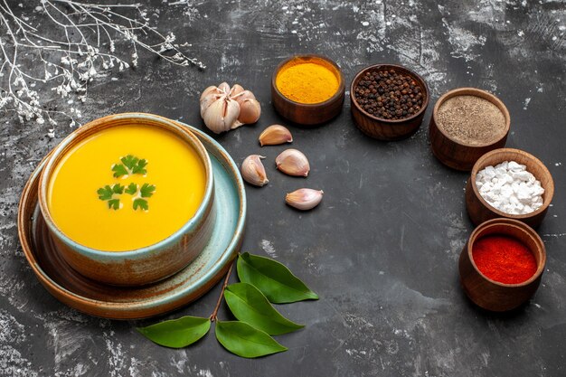 Vista frontal sabrosa sopa de calabaza con condimentos en la sopa de plato de comida de color oscuro de la mesa