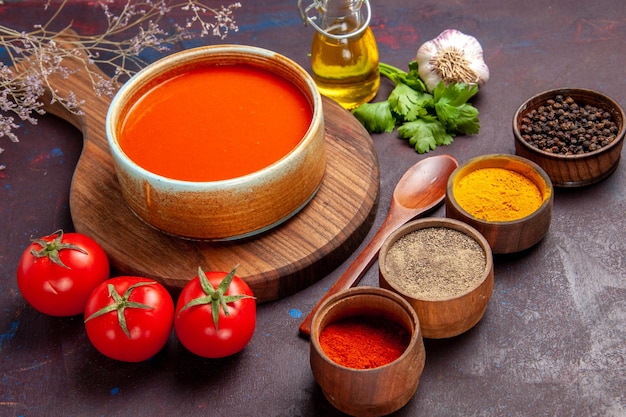 Vista frontal sabrosa sopa de tomate con tomates frescos y condimentos en el espacio oscuro