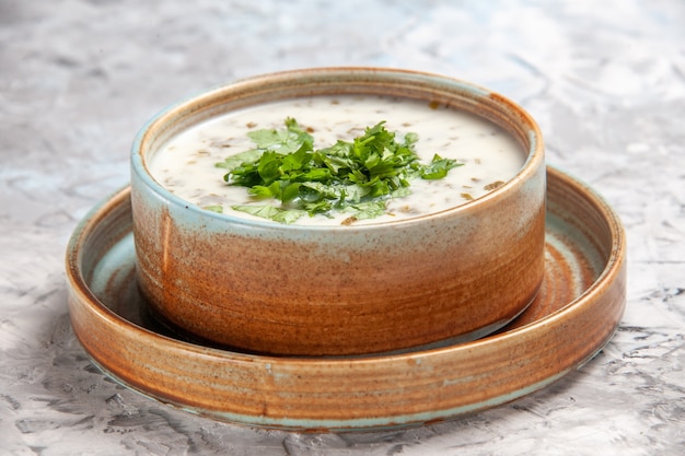 Vista frontal sabrosa sopa de yogur dovga con verduras en la mesa de luz blanca sopa de leche plato verde