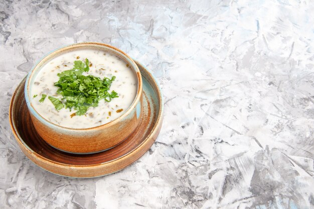 Vista frontal sabrosa sopa de yogur dovga con verduras en el plato de comida de sopa de mesa blanca