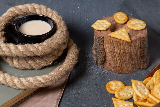 Vista frontal sabrosas patatas fritas saladas con taza de leche en gris