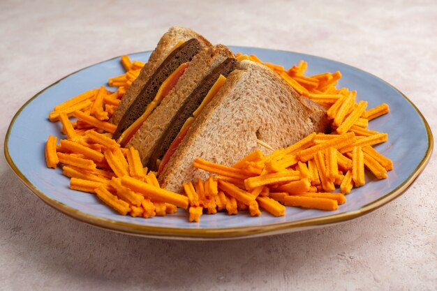 Vista frontal sabrosos sándwiches de tostadas con jamón de queso junto con papas fritas dentro de la placa en blanco