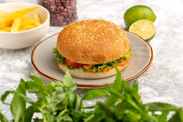 Vista frontal del sándwich de pollo con ensalada verde y verduras dentro con papas fritas, frijoles y limón en el escritorio blanco