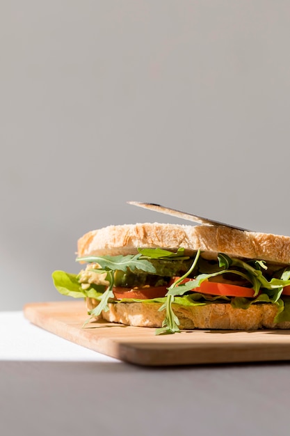 Vista frontal del sándwich tostado con tomates y espacio de copia