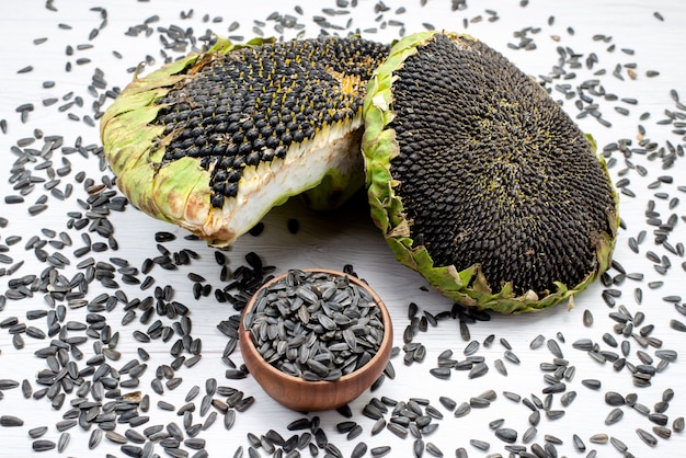 Una vista frontal de semillas de girasol negras frescas y sabrosas dentro de semillas de girasol de grano de concha snack