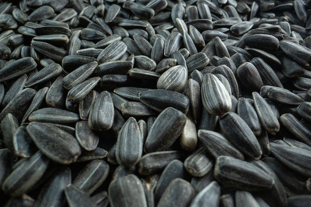 Vista frontal de semillas de girasol negras muchas nueces aceite de película snack