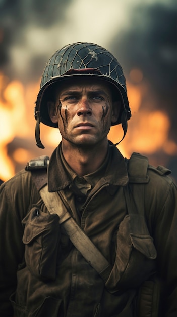Vista frontal de un soldado luchando durante la guerra