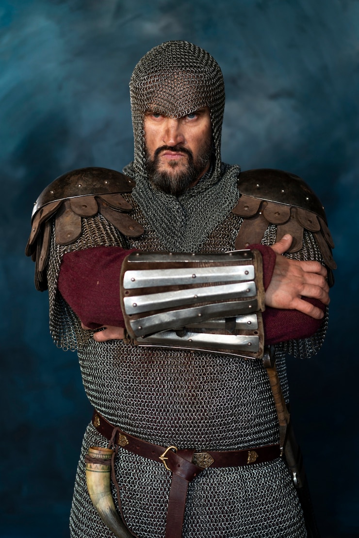 Foto gratuito vista frontal soldado medieval posando en estudio