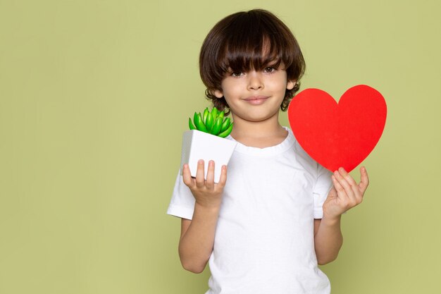 Una vista frontal sonriente niño en camiseta blanca con pequeña planta verde y forma de corazón en el espacio de color piedra