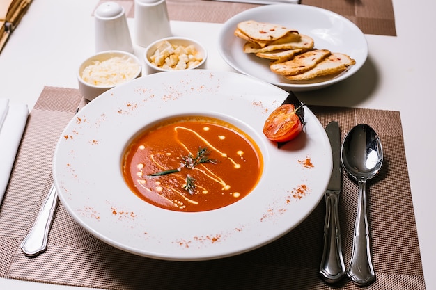 Foto gratuita vista frontal sopa de tomate con queso y galletas saladas