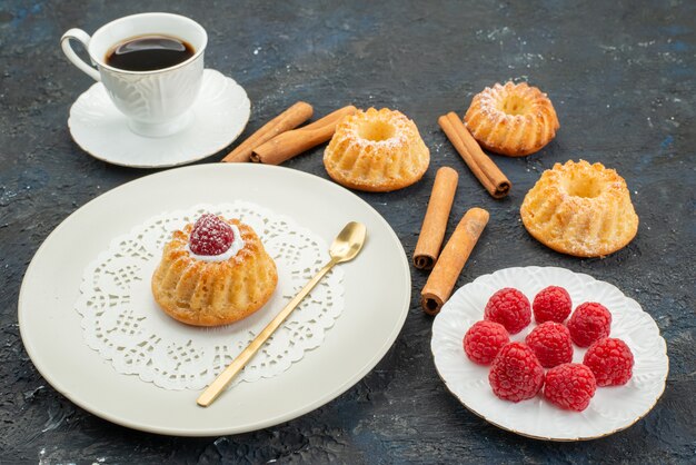 Vista frontal de la taza de café con galletas pastel de canela y frambuesas frescas sobre la superficie oscura dulce