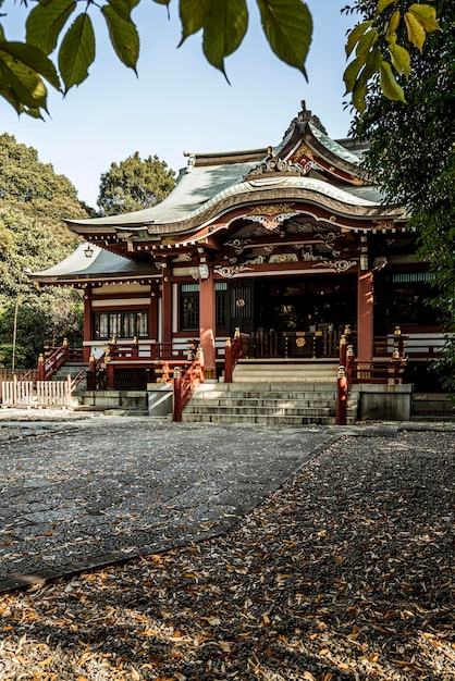 Vista frontal del templo japonés con hojas de otoño