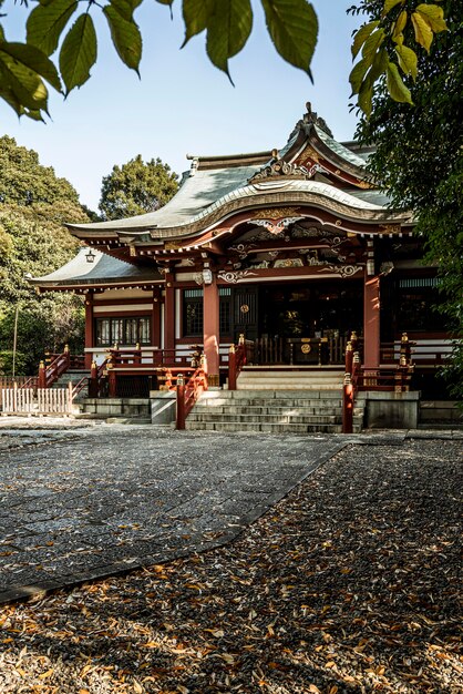 Vista frontal del templo japonés con hojas de otoño