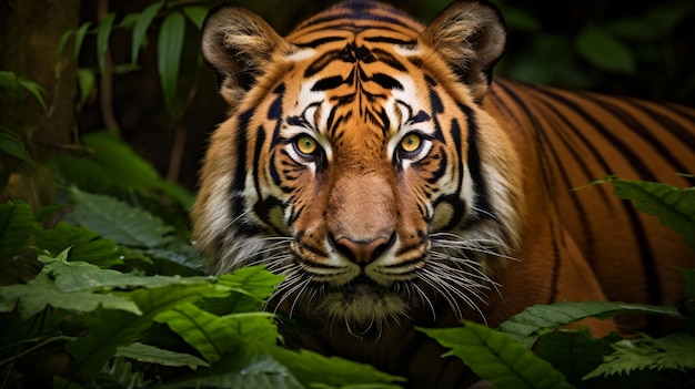 Vista frontal de un tigre salvaje en la naturaleza