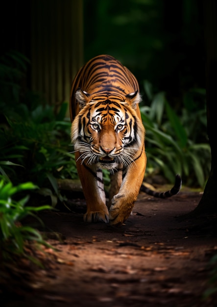 Vista frontal de un tigre salvaje en la naturaleza