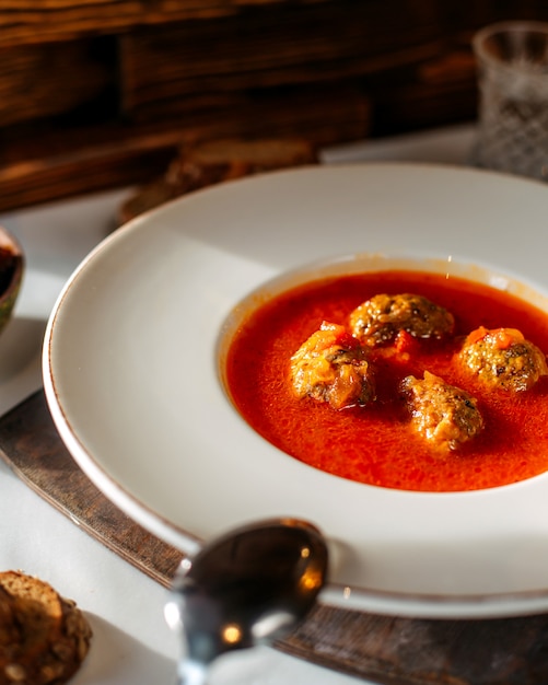 Vista frontal tomate sopa carne dentro de un plato blanco sobre la superficie blanca