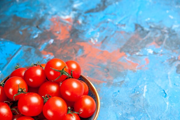 Vista frontal de los tomates rojos frescos dentro de la placa sobre el cuadro azul